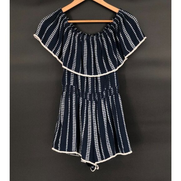 Lulu's Women's Off Shoulder Romper S Navy White Party Festival Summer Ruffle - Picture 2 of 8
